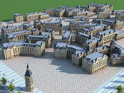 Aerial View Urban Planning Featuring Classical Architecture Uniform Layout and Central Square 3d model