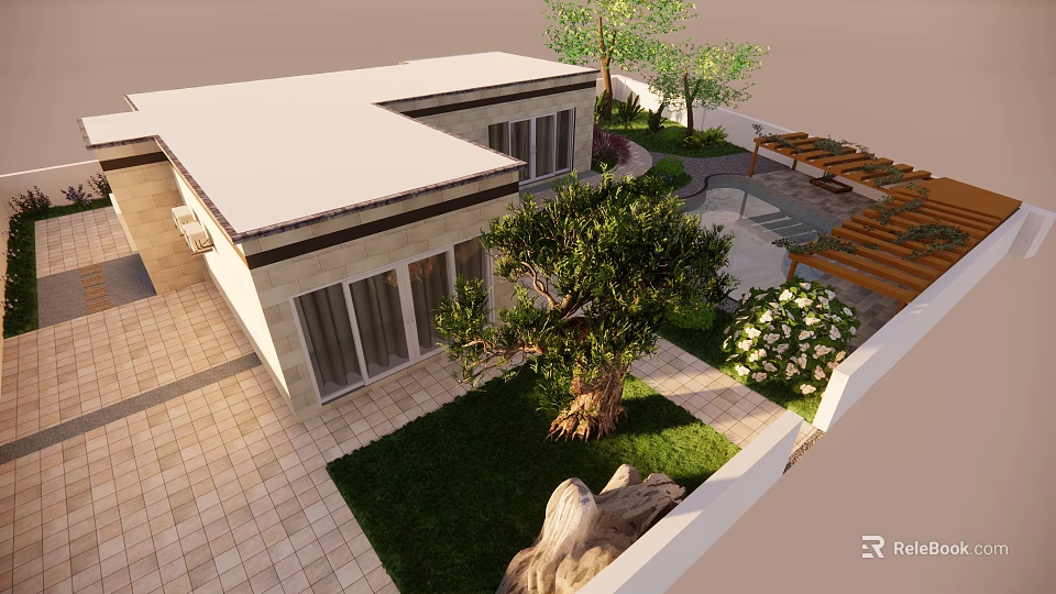 Modern Garden Landscape Featuring White Roof House Large Glass Windows Green Lawn And Trees 3d model 