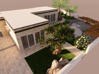 Modern Garden Landscape Featuring White Roof House Large Glass Windows Green Lawn And Trees 3d model