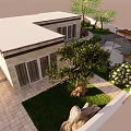 Modern Garden Landscape Featuring White Roof House Large Glass Windows Green Lawn And Trees