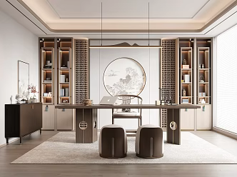 New Chinese Style Study Desk and Chair Combination Single Chair Stool Bookcase Decorative Cabinet 3d model