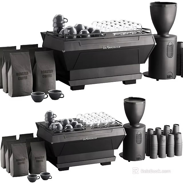 Modern Daily Use Coffee Household Appliances With Grinder Machine Cups And Bean Bags 3d model 