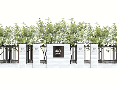 Building Exterior Wall With Green Trees Metal Railings And Signboard 3d model