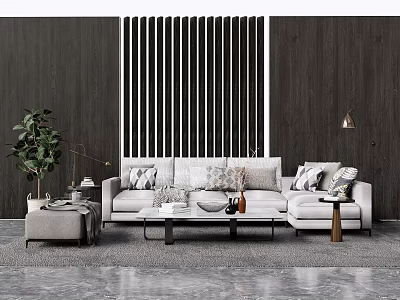 Modern Light Gray Sofa and Coffee Table Set with Decorative Pillows and Green Plant 3d model