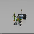 Cartoon Character In Green Outfit With Hat Standing Next To Yellow Green Mechanical Vehicle