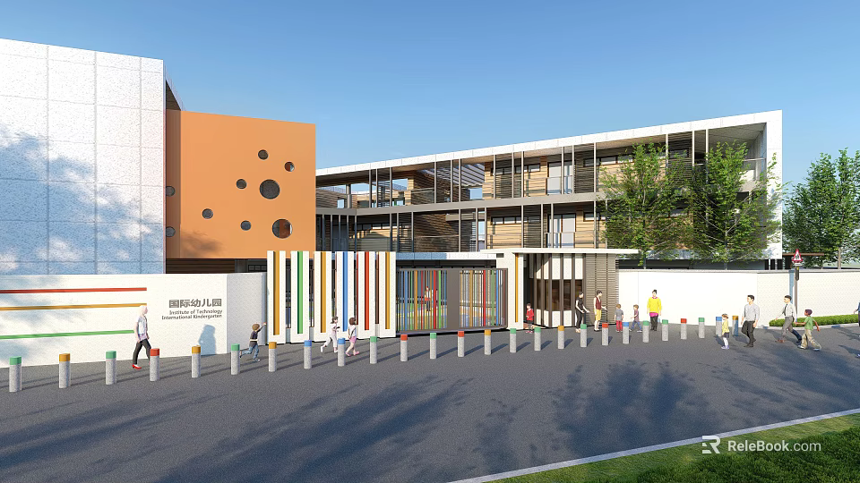 Modern School Building with Orange Facade Circular Windows Colorful Striped Entrance and People Walking Around 3d model 