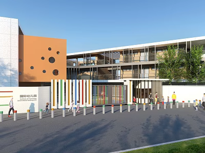 Modern School Building with Orange Facade Circular Windows Colorful Striped Entrance and People Walking Around 3d model