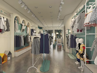 Modern Clothing Store Interior With Hanging Clothes Display Racks Polka Dot Dresses And Mannequins 3d model