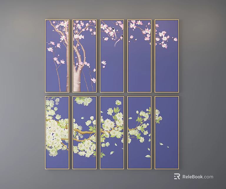 Botanical Paintings Of Cherry Blossoms And White Flowers With Dark Blue Background And Golden Frames 3d model 