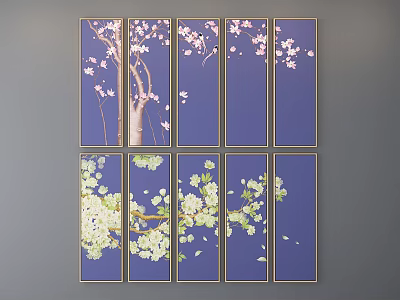 Botanical Paintings Of Cherry Blossoms And White Flowers With Dark Blue Background And Golden Frames 3d model