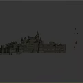 Detailed Cartoon Scene Of Medieval Castle With Towers Walls And Small Buildings