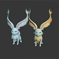 Two White And Yellow Rabbit Like Animals With Large Feathery Ears On Black Background