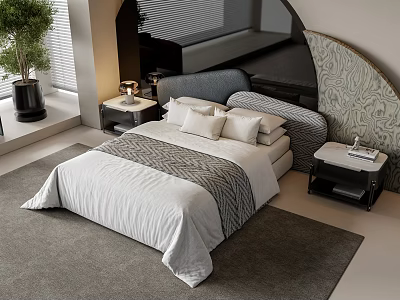 Double Bed With White Bedding Pillows Nightstands Lamp Book And Decorative Wall 3d model