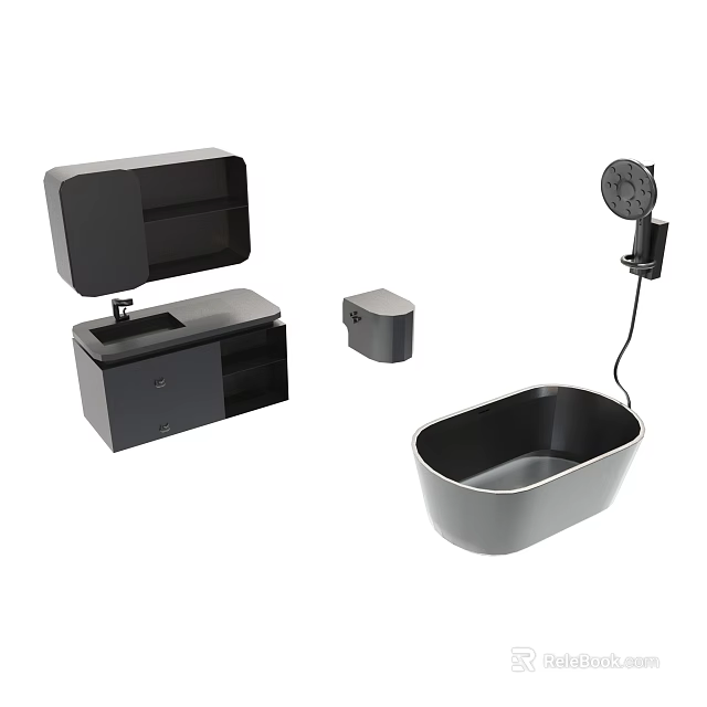 Modern Black Bathroom Fixtures Set With Vanity Mirror Cabinet Bathtub And Shower Head 3d model 