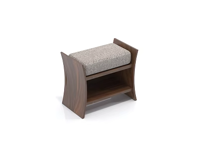 Modern Brown Wooden Stool Featuring Gray Fabric Cushion and Curved Frame Design 3d model