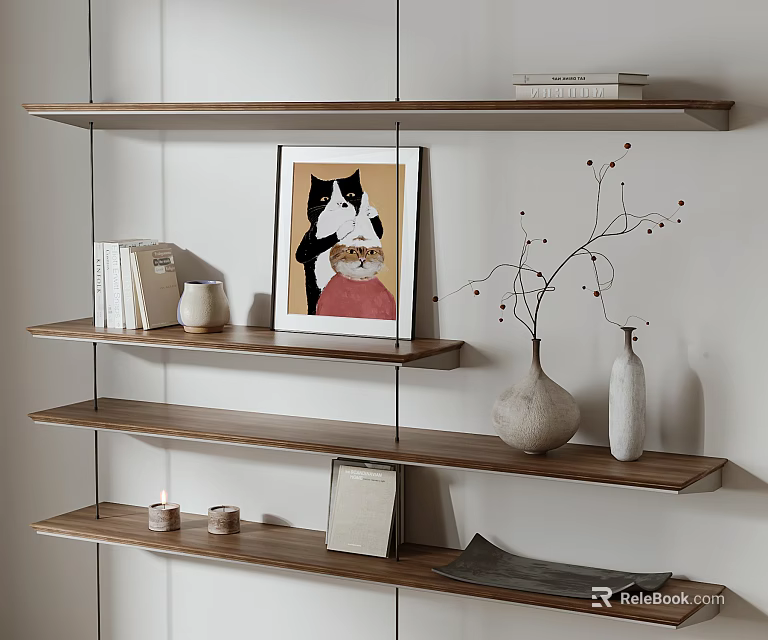 Stylish Wall Mounted Shelves With Artwork And Decor 3d model 