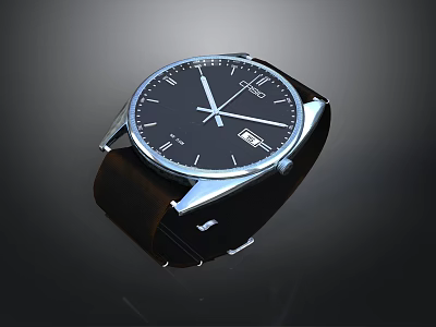 Modern Stylish Black Watch With Roman Numeral Dial And Leather Strap 3d model
