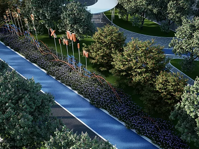 Modern Park Landscape With Blue Pathway Lush Green Trees And Decorative Flags 3d model