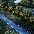 Modern Park Landscape With Blue Pathway Lush Green Trees And Decorative Flags