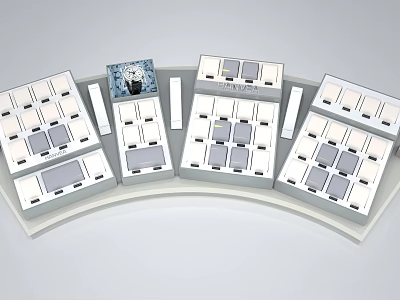 Modern Design Clocks On White Curved Display Shelf With Various Styles 3d model