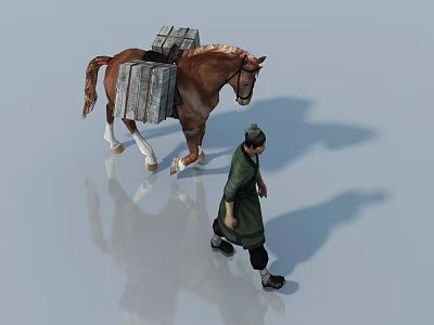 Hinged Door Design Featuring Man Leading Brown Horse With Wooden Crates 3d model