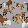 Colorful Plastic Toy Tigers and Cows Figurines with Striped and Spotted Patterns