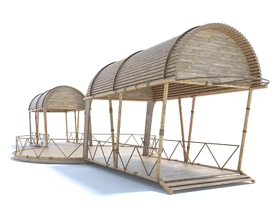 Bamboo Pavilions With Curved Roofs Wooden Structures And Railed Platforms 3d model