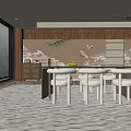 Modern Living Room Interior With Wooden Accents Landscape Pattern Wall And Round Table