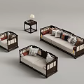 Chinese Style Sofa Set With Wooden Frame Coffee Table Side Table And Cushions 3d model