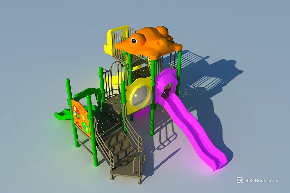 Colorful Playground Equipment With Fish Shaped Top Yellow Platform Purple Slide And Climbing Frame 3d model 