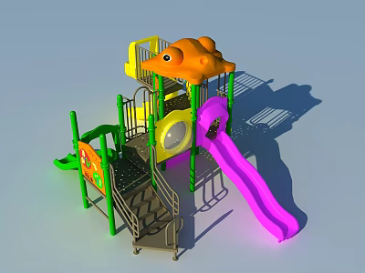Colorful Playground Equipment With Fish Shaped Top Yellow Platform Purple Slide And Climbing Frame 3d model