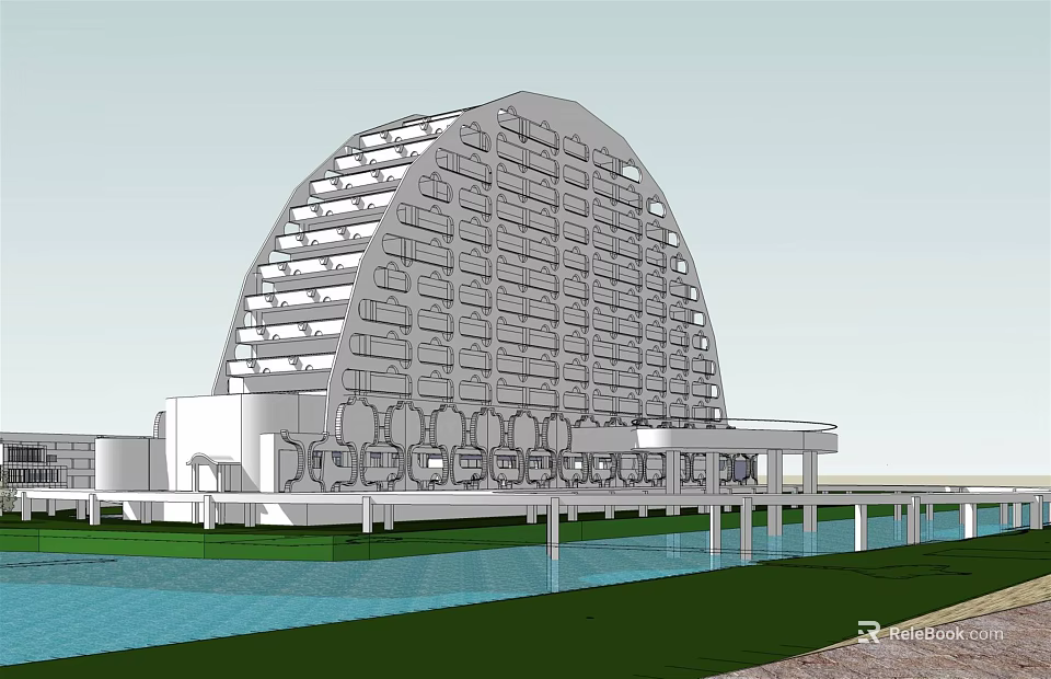 Modern Curved Hotel Building With Multi story Windows Waterfront And Green Area 3d model 
