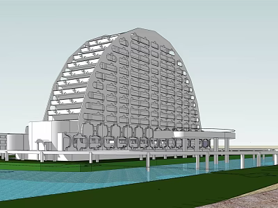 Modern Curved Hotel Building With Multi story Windows Waterfront And Green Area 3d model