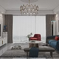Elegant Modern Living And Dining Room Interior With Green Wall Chandelier Blue Sofa And Piano