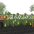 Lush Gourd Vine Covered Trellis Fence In Courtyard With Wooden Chairs And Table