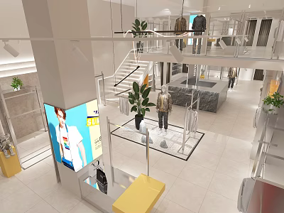 Modern Clothing Store Interior With Mannequins Display Areas And Decorative Plants 3d model