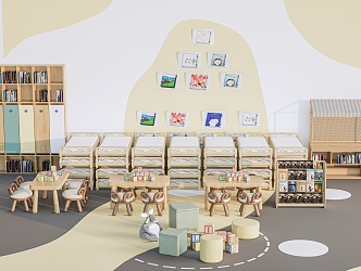 Modern Children's Tables and Chairs Children's Furniture Children's Bookshelf Kindergarten Background Wall 3d model