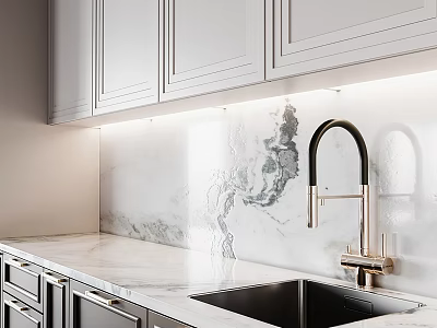Modern Kitchen Cabinets With Marble Backsplash Black Gold Faucet And Under Cabinet Lighting 3d model