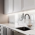 Modern Kitchen Cabinets With Marble Backsplash Black Gold Faucet And Under Cabinet Lighting