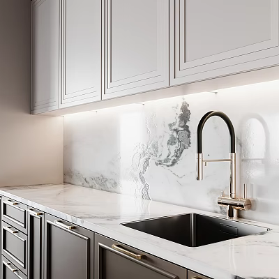 Modern Kitchen Cabinets With Marble Backsplash Black Gold Faucet And Under Cabinet Lighting 3d model