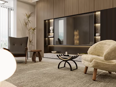 Modern Sofa And Coffee Table Set In Living Room With Wooden Wall Green Plants 3d model