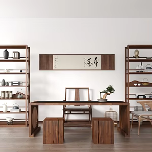 New Chinese-style Bookcase Tea Table and Chair Hanging Painting 3d model