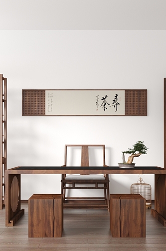 New Chinese-style Bookcase Tea Table and Chair Hanging Painting 3d model