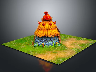 Cute Thatched Hut Exterior With Straw Roof Red Birds Stone Walls And Green Grass 3d model