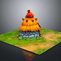 Cute Thatched Hut Exterior With Straw Roof Red Birds Stone Walls And Green Grass