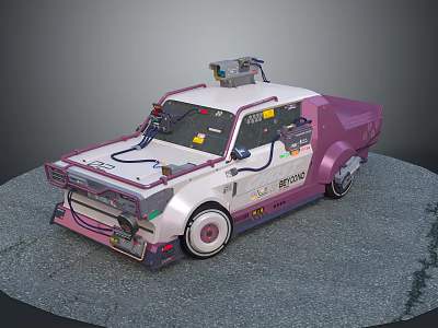 Custom Pink And White Modified Car Featuring Roof Equipment Stickers And Mechanical Parts 3d model