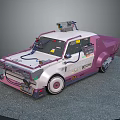 Custom Pink And White Modified Car Featuring Roof Equipment Stickers And Mechanical Parts