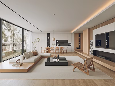 Modern Living Dining Room Interior With Open Layout Large Windows And Wooden Elements 3d model