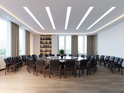 Modern Conference Room With Round Table Black Chairs Wooden Floor Large Windows And Linear Lights 3d model