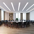 Modern Conference Room With Round Table Black Chairs Wooden Floor Large Windows And Linear Lights